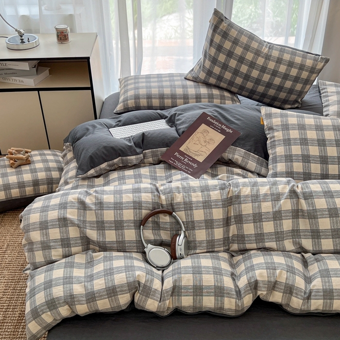 91家纺网 家纺一手货源 找家纺 希丞家居 2025新款学生季格子加厚亚麻皱皱纱四件套（提供买家秀） 亚麻灰格