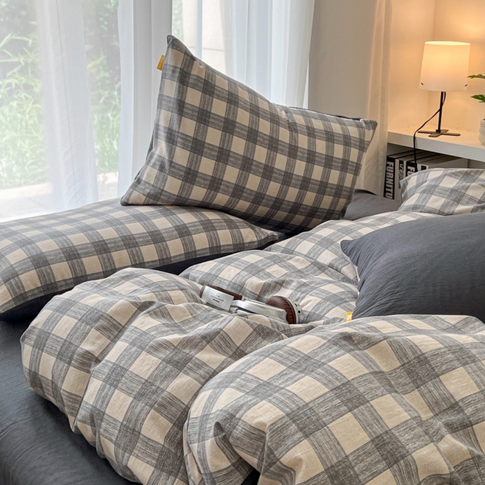91家纺网 家纺一手货源 找家纺 希丞家居 2025新款学生季格子加厚亚麻皱皱纱四件套（提供买家秀） 亚麻灰格