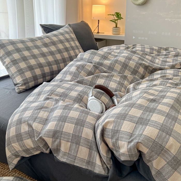 91家纺网 家纺一手货源 找家纺 希丞家居 2025新款学生季格子加厚亚麻皱皱纱四件套（提供买家秀） 亚麻灰格