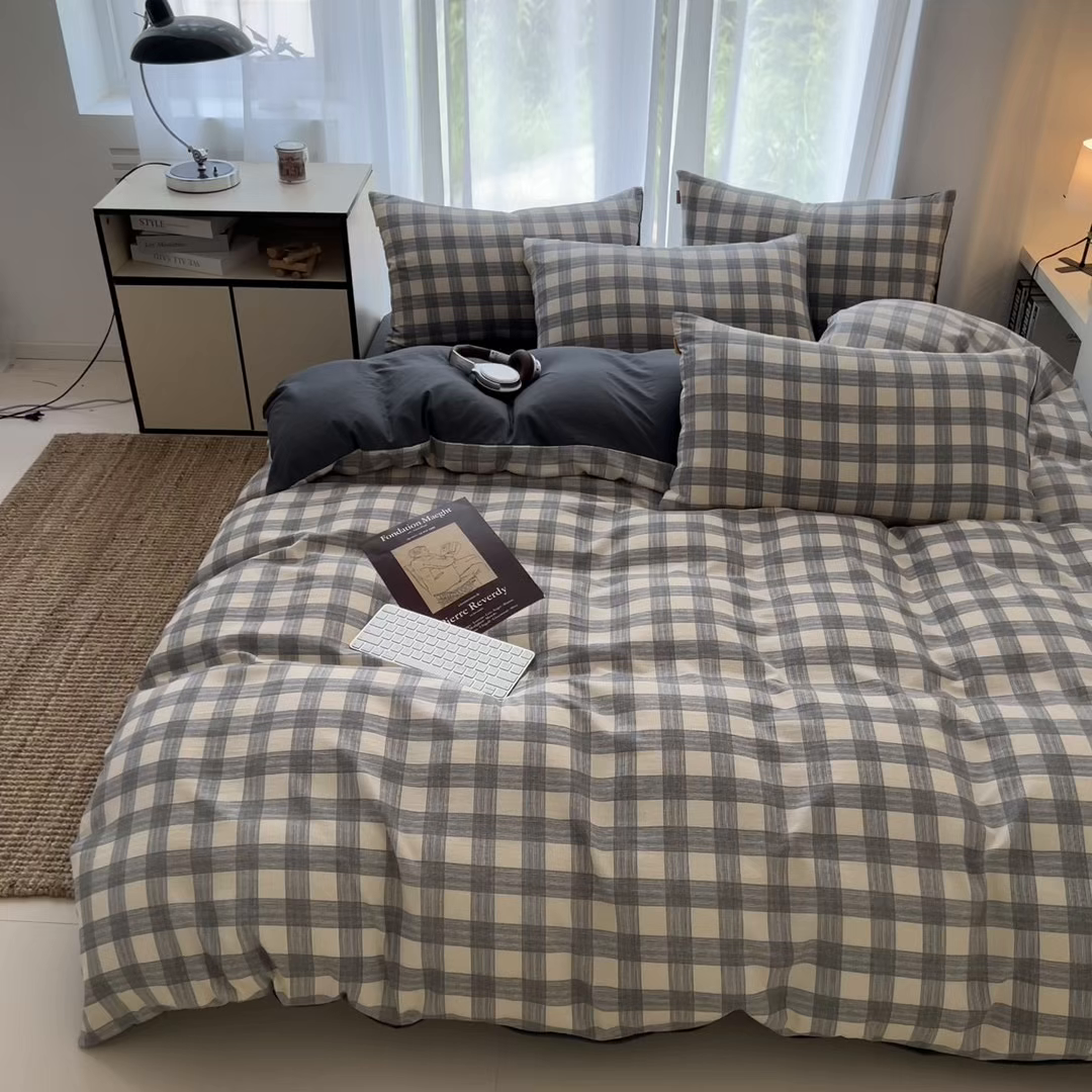 91家纺网 家纺一手货源 找家纺 希丞家居 2025新款学生季格子加厚亚麻皱皱纱四件套（提供买家秀） 亚麻灰格