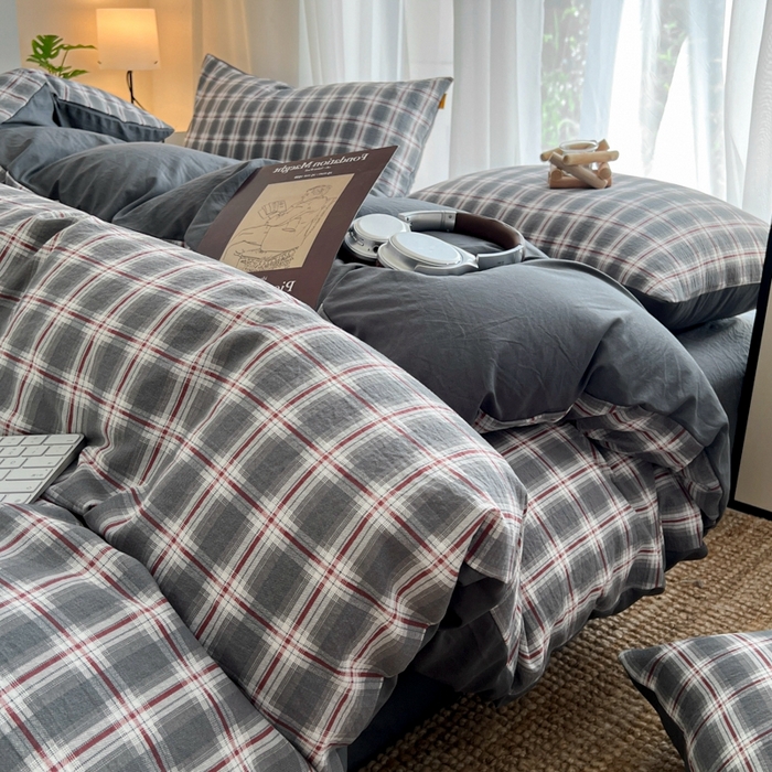 希丞家居 2025新款学生季格子加厚亚麻皱皱纱四件套（提供买家秀） 烟雾灰格