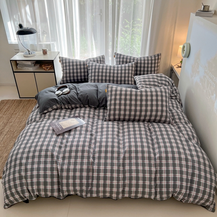91家纺网 家纺一手货源 找家纺 希丞家居 2025新款学生季格子加厚亚麻皱皱纱四件套（提供买家秀） 烟雾灰格