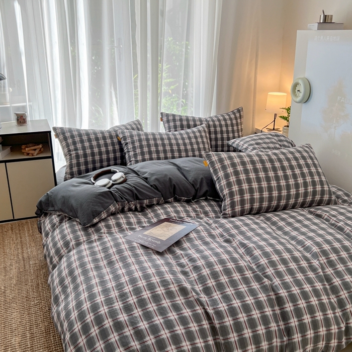 91家纺网 家纺一手货源 找家纺 希丞家居 2025新款学生季格子加厚亚麻皱皱纱四件套（提供买家秀） 烟雾灰格