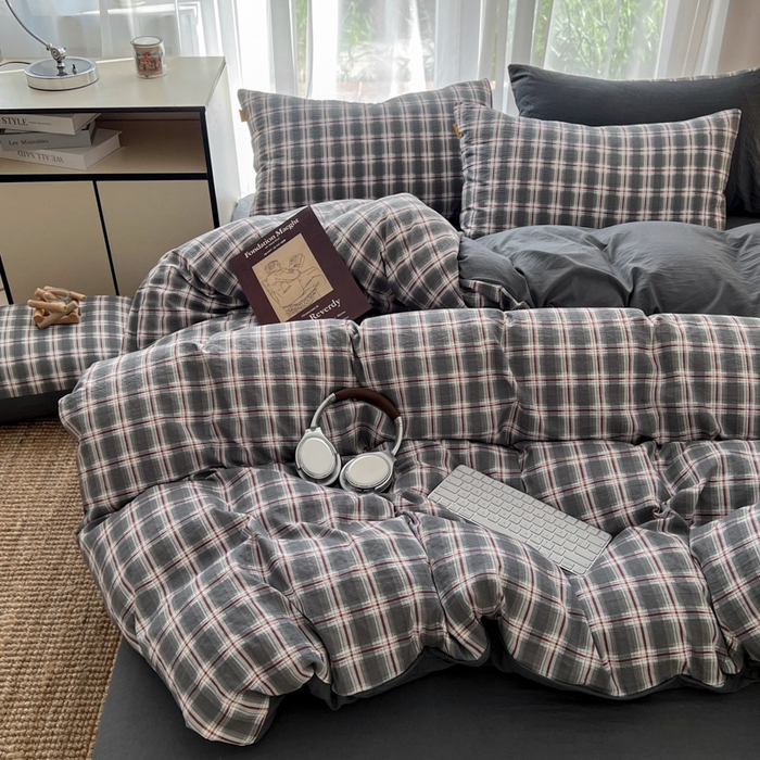 91家纺网 家纺一手货源 找家纺 希丞家居 2025新款学生季格子加厚亚麻皱皱纱四件套（提供买家秀） 烟雾灰格