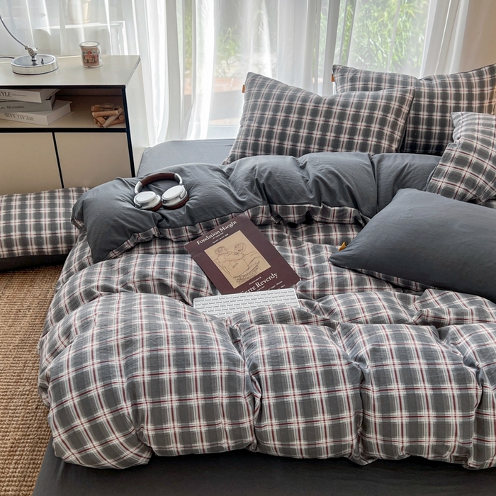 91家纺网 家纺一手货源 找家纺 希丞家居 2025新款学生季格子加厚亚麻皱皱纱四件套（提供买家秀） 烟雾灰格