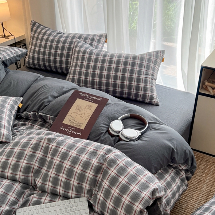 91家纺网 家纺一手货源 找家纺 希丞家居 2025新款学生季格子加厚亚麻皱皱纱四件套（提供买家秀） 烟雾灰格