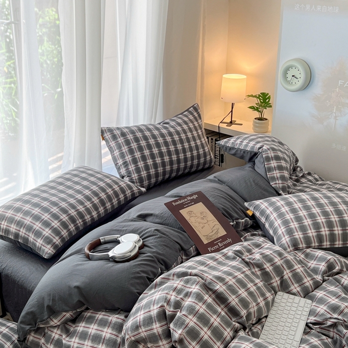 91家纺网 家纺一手货源 找家纺 希丞家居 2025新款学生季格子加厚亚麻皱皱纱四件套（提供买家秀） 烟雾灰格
