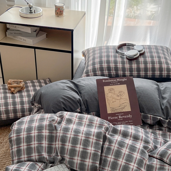 91家纺网 家纺一手货源 找家纺 希丞家居 2025新款学生季格子加厚亚麻皱皱纱四件套（提供买家秀） 烟雾灰格