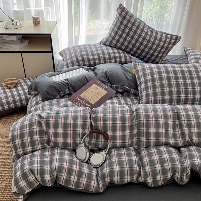 91家纺网 家纺一手货源 找家纺 希丞家居 2025新款学生季格子加厚亚麻皱皱纱四件套（提供买家秀） 烟雾灰格