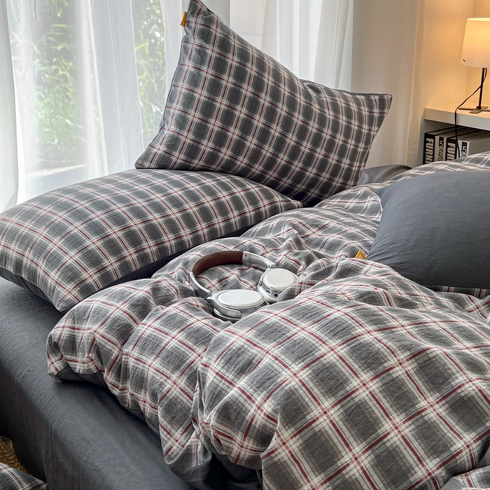 91家纺网 家纺一手货源 找家纺 希丞家居 2025新款学生季格子加厚亚麻皱皱纱四件套（提供买家秀） 烟雾灰格