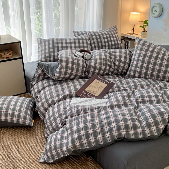 91家纺网 家纺一手货源 找家纺 希丞家居 2025新款学生季格子加厚亚麻皱皱纱四件套（提供买家秀） 烟雾灰格