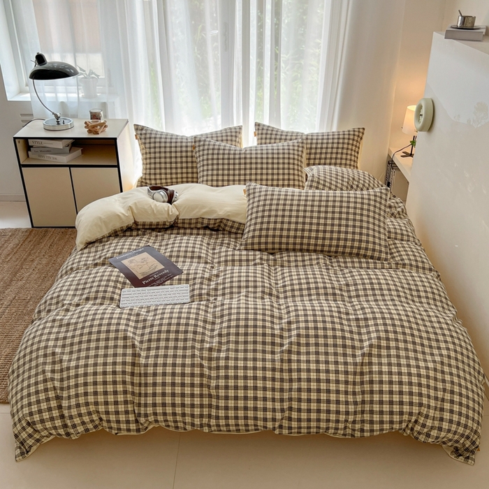 91家纺网 家纺一手货源 找家纺 希丞家居 2025新款学生季格子加厚亚麻皱皱纱四件套（提供买家秀） 慵懒黑格