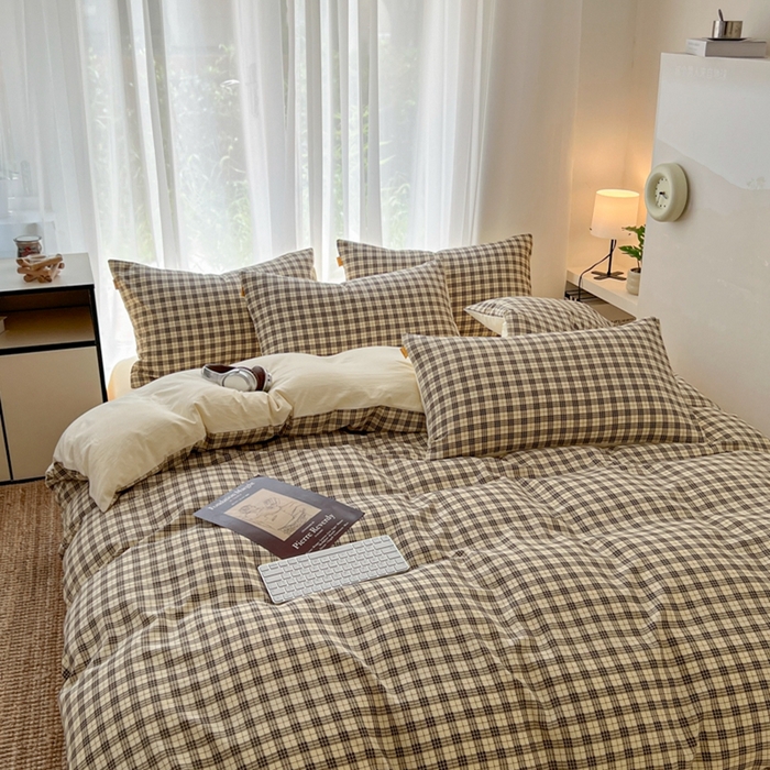 91家纺网 家纺一手货源 找家纺 希丞家居 2025新款学生季格子加厚亚麻皱皱纱四件套（提供买家秀） 慵懒黑格