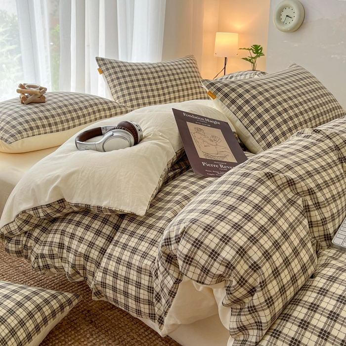 91家纺网 家纺一手货源 找家纺 希丞家居 2025新款学生季格子加厚亚麻皱皱纱四件套（提供买家秀） 慵懒黑格
