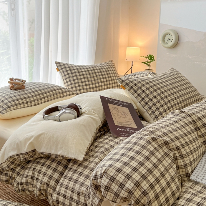 91家纺网 家纺一手货源 找家纺 希丞家居 2025新款学生季格子加厚亚麻皱皱纱四件套（提供买家秀） 慵懒黑格