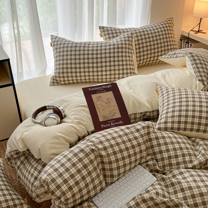 91家纺网 家纺一手货源 找家纺 希丞家居 2025新款学生季格子加厚亚麻皱皱纱四件套（提供买家秀） 慵懒黑格