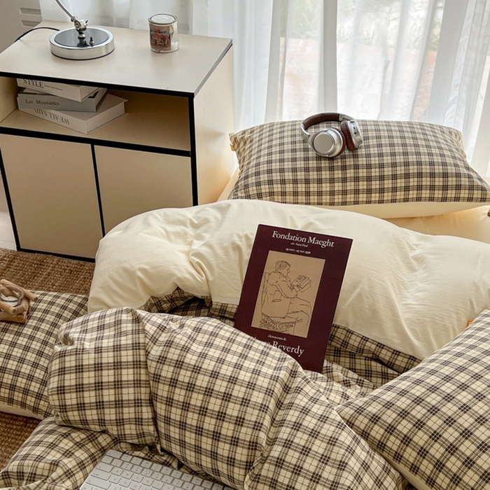 91家纺网 家纺一手货源 找家纺 希丞家居 2025新款学生季格子加厚亚麻皱皱纱四件套（提供买家秀） 慵懒黑格