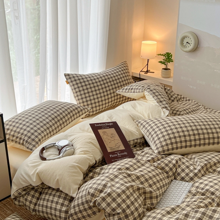 91家纺网 家纺一手货源 找家纺 希丞家居 2025新款学生季格子加厚亚麻皱皱纱四件套（提供买家秀） 慵懒黑格