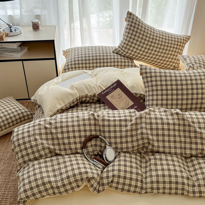 91家纺网 家纺一手货源 找家纺 希丞家居 2025新款学生季格子加厚亚麻皱皱纱四件套（提供买家秀） 慵懒黑格