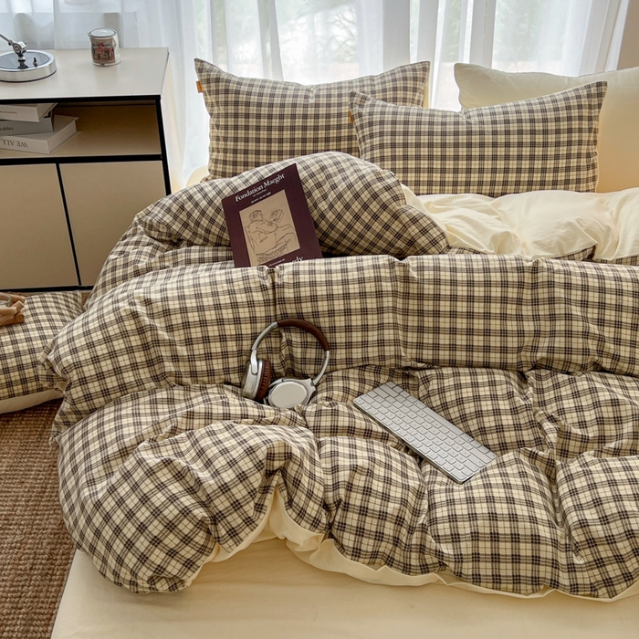 91家纺网 家纺一手货源 找家纺 希丞家居 2025新款学生季格子加厚亚麻皱皱纱四件套（提供买家秀） 慵懒黑格
