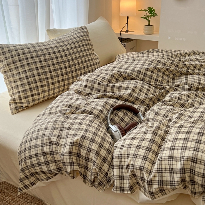 91家纺网 家纺一手货源 找家纺 希丞家居 2025新款学生季格子加厚亚麻皱皱纱四件套（提供买家秀） 慵懒黑格