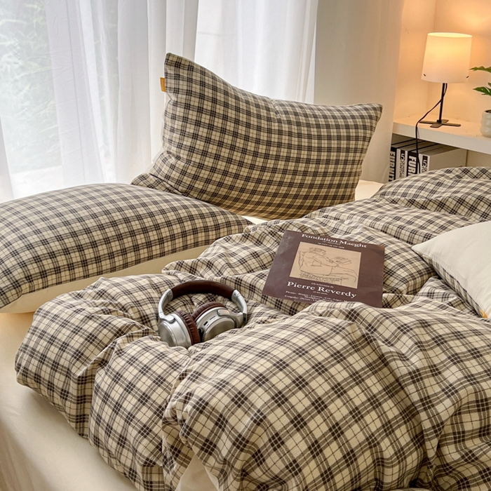 91家纺网 家纺一手货源 找家纺 希丞家居 2025新款学生季格子加厚亚麻皱皱纱四件套（提供买家秀） 慵懒黑格