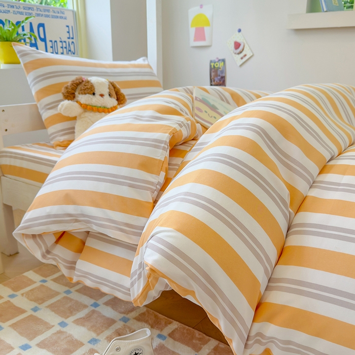 91家纺网 家纺一手货源 找家纺 默忆 2025新款亲肤水洗棉学生三件套 黄色条纹