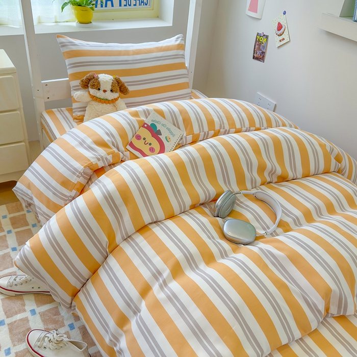 91家纺网 家纺一手货源 找家纺 默忆 2025新款亲肤水洗棉学生三件套 黄色条纹