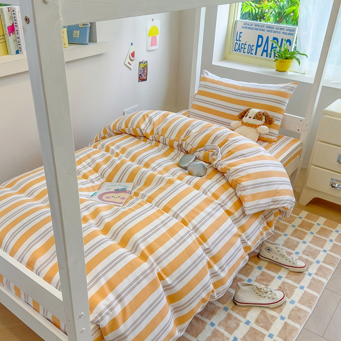 91家纺网 家纺一手货源 找家纺 默忆 2025新款亲肤水洗棉学生三件套 黄色条纹