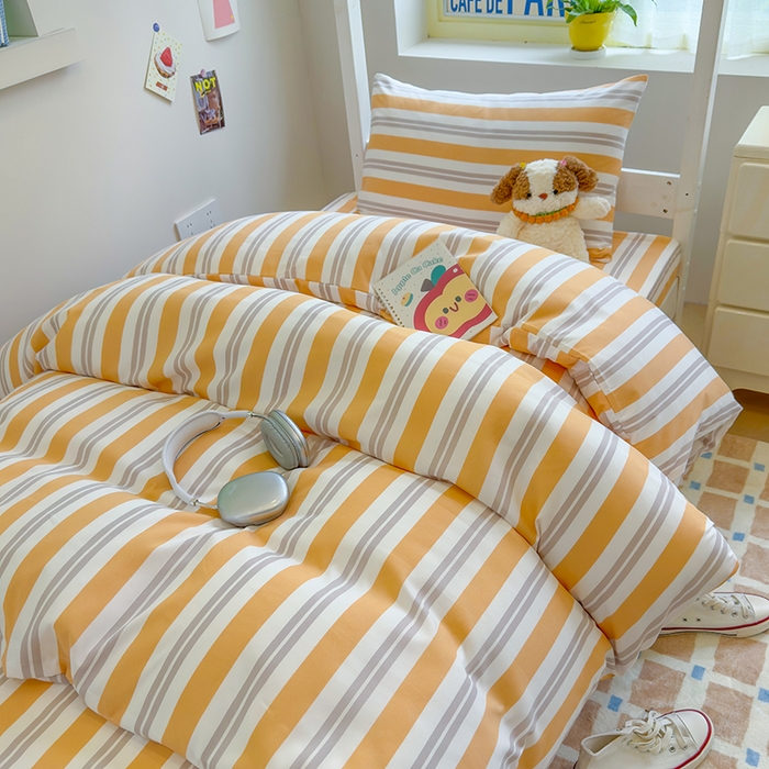 91家纺网 家纺一手货源 找家纺 默忆 2025新款亲肤水洗棉学生三件套 黄色条纹