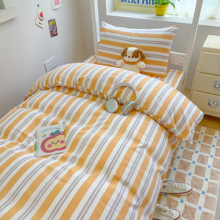 91家纺网 家纺一手货源 找家纺 默忆 2025新款亲肤水洗棉学生三件套 黄色条纹