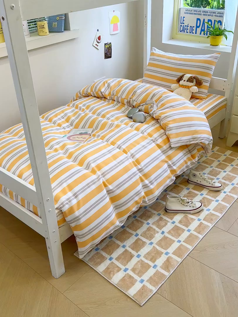 91家纺网 家纺一手货源 找家纺 默忆 2025新款亲肤水洗棉学生三件套 黄色条纹