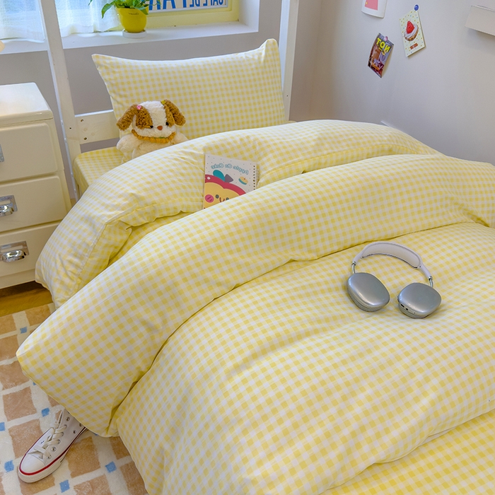 91家纺网 家纺一手货源 找家纺 默忆 2025新款亲肤水洗棉学生三件套 黄色小格子