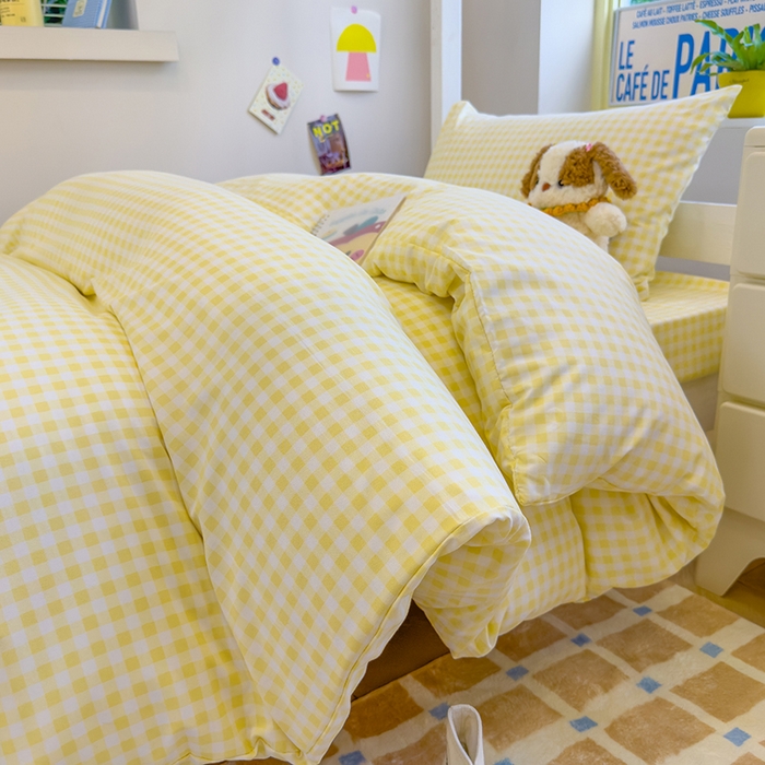 91家纺网 家纺一手货源 找家纺 默忆 2025新款亲肤水洗棉学生三件套 黄色小格子