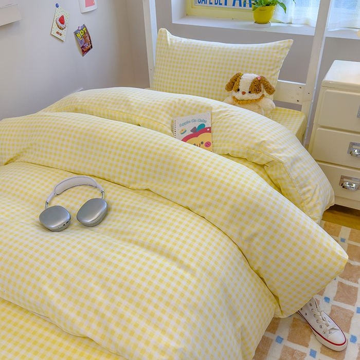 91家纺网 家纺一手货源 找家纺 默忆 2025新款亲肤水洗棉学生三件套 黄色小格子