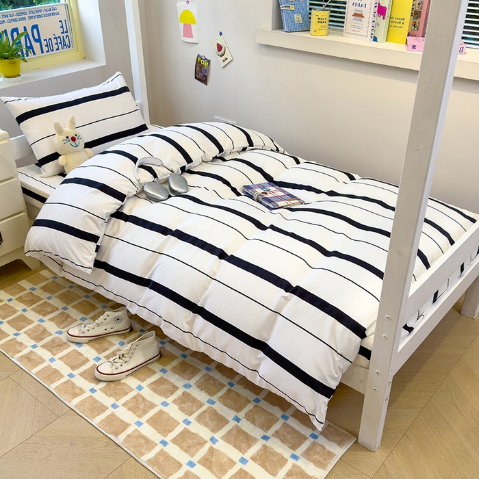 91家纺网 家纺一手货源 找家纺 默忆 2025新款亲肤水洗棉学生三件套 灰白条纹