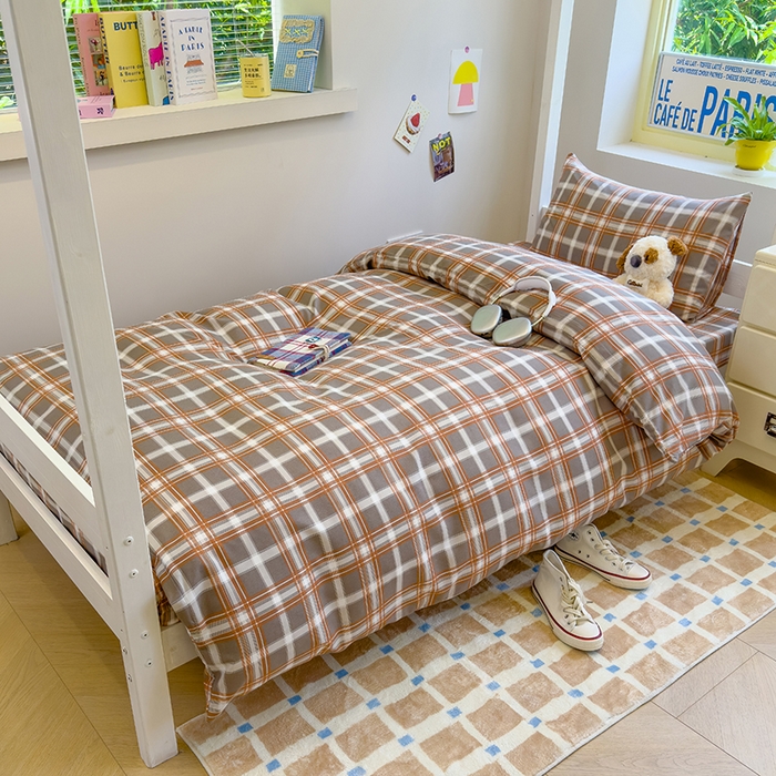 默忆 2025新款亲肤水洗棉学生三件套 橘色大格子