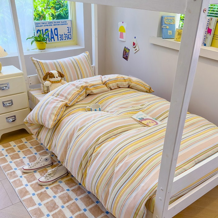 91家纺网 家纺一手货源 找家纺 默忆 2025新款亲肤水洗棉学生三件套 蓝黄条纹