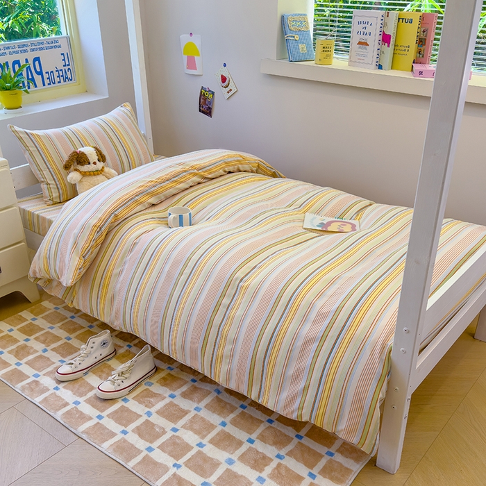 91家纺网 家纺一手货源 找家纺 默忆 2025新款亲肤水洗棉学生三件套 蓝黄条纹