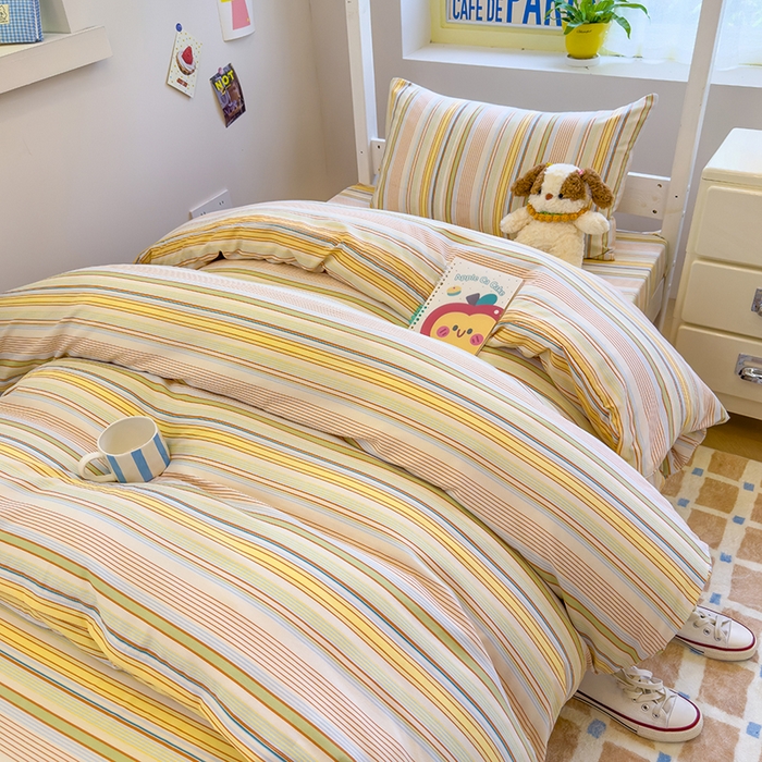 91家纺网 家纺一手货源 找家纺 默忆 2025新款亲肤水洗棉学生三件套 蓝黄条纹