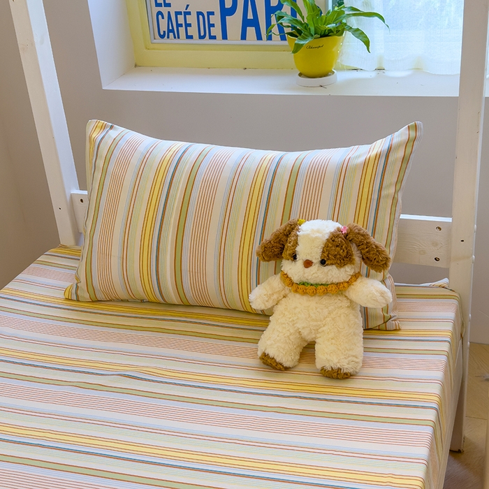 91家纺网 家纺一手货源 找家纺 默忆 2025新款亲肤水洗棉学生三件套 蓝黄条纹