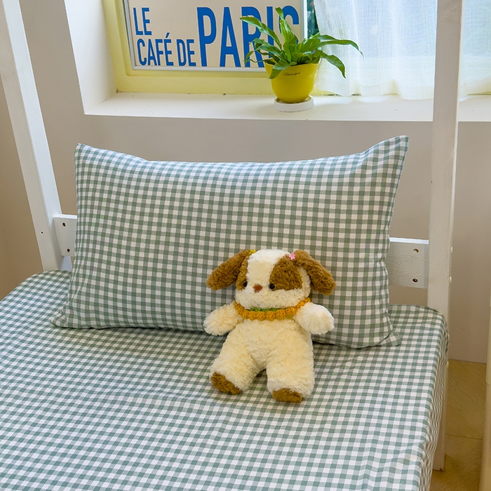 91家纺网 家纺一手货源 找家纺 默忆 2025新款亲肤水洗棉学生三件套 绿白小格