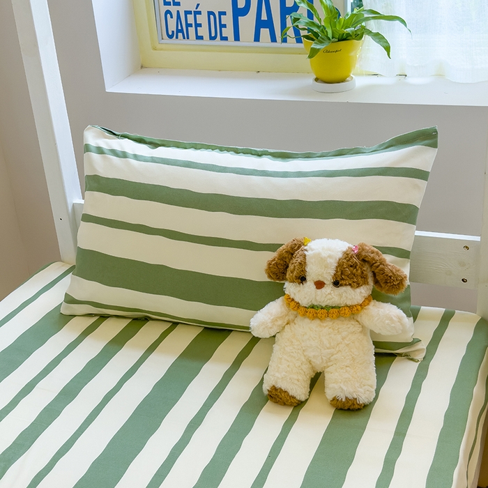 91家纺网 家纺一手货源 找家纺 默忆 2025新款亲肤水洗棉学生三件套 绿色条纹