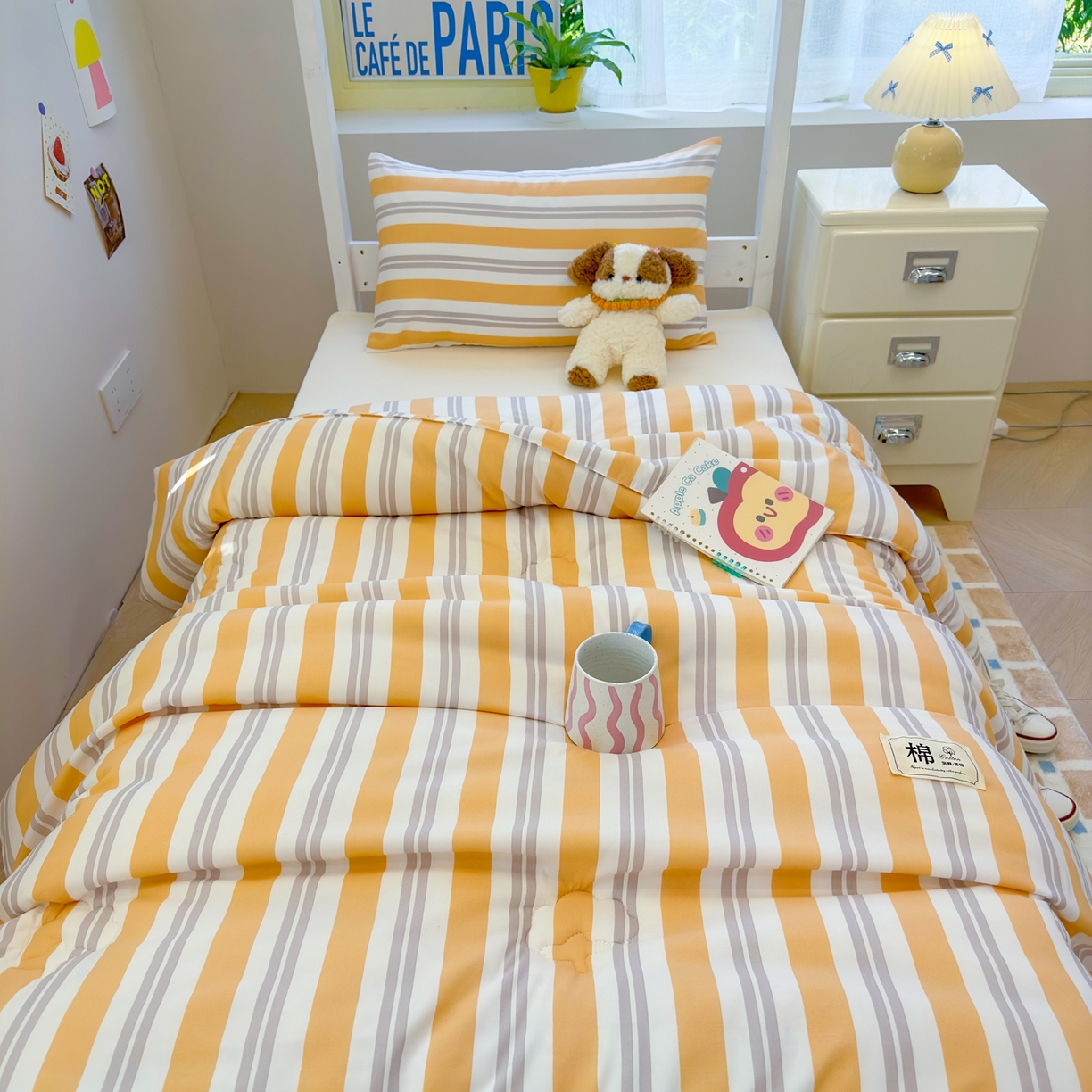 91家纺网 家纺一手货源 找家纺 默忆 2025新款新疆棉学生棉花被 被子被芯 橙灰宽条