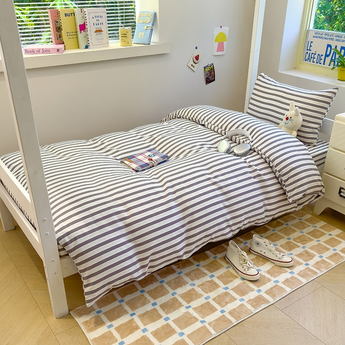 默忆 2025新款亲肤水洗棉学生三件套 浅咖条纹