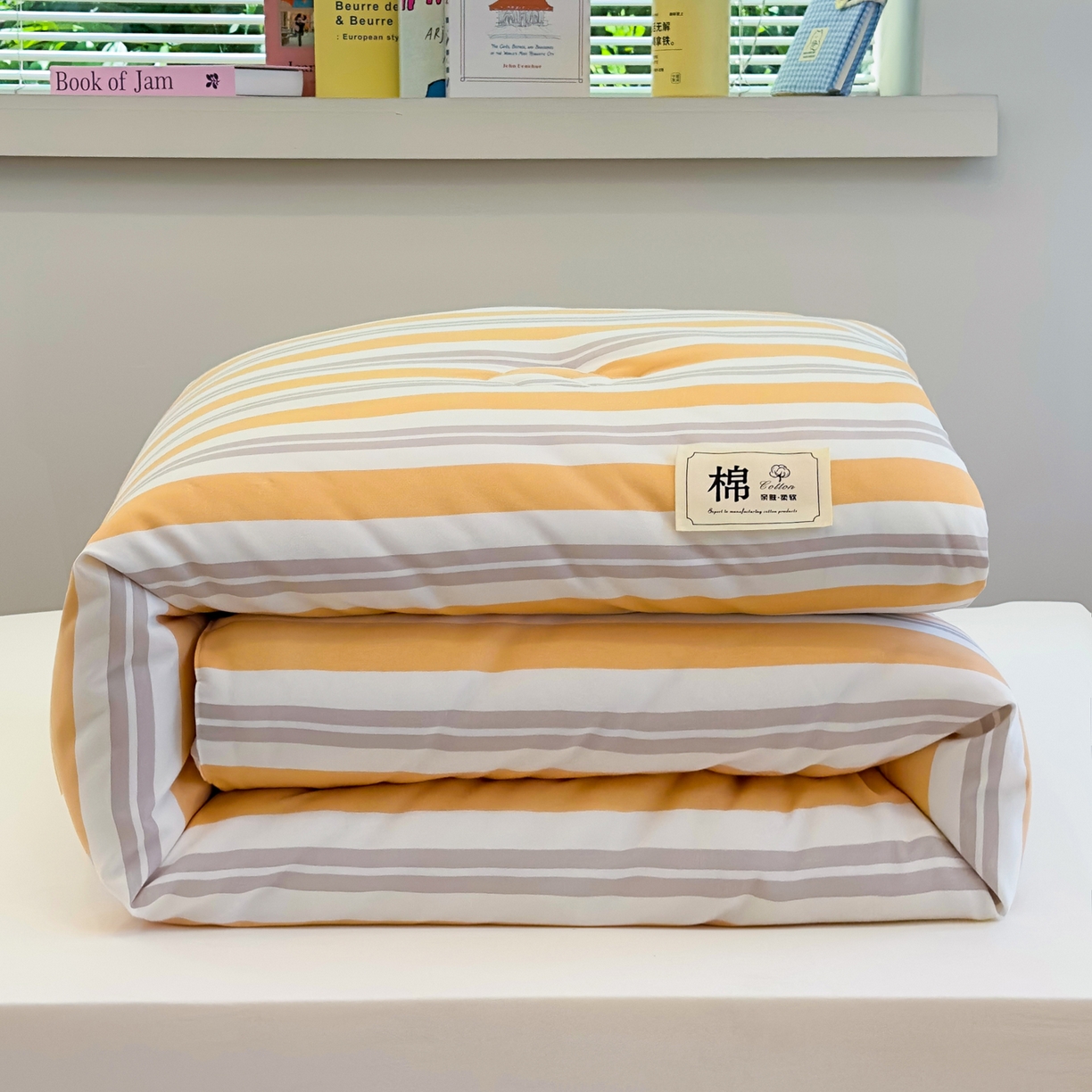 91家纺网 家纺一手货源 找家纺 默忆 2025新款新疆棉学生棉花被 被子被芯 橙灰宽条