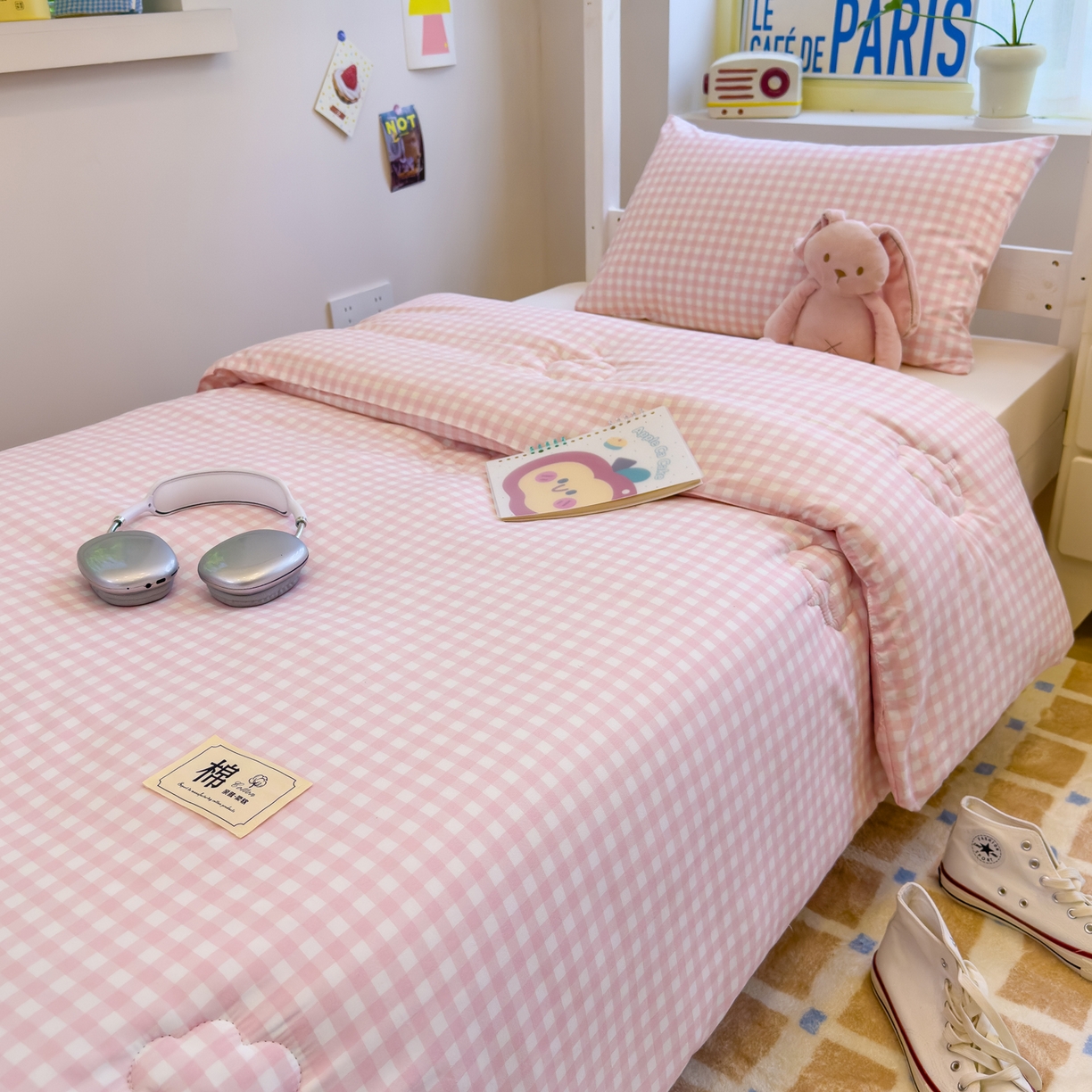 91家纺网 家纺一手货源 找家纺 默忆 2025新款新疆棉学生棉花被 被子被芯 粉白小格