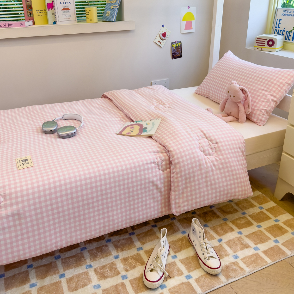 91家纺网 家纺一手货源 找家纺 默忆 2025新款新疆棉学生棉花被 被子被芯 粉白小格