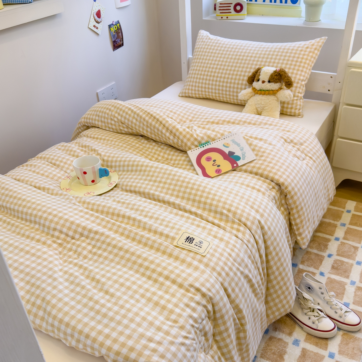 91家纺网 家纺一手货源 找家纺 默忆 2025新款新疆棉学生棉花被 被子被芯 咖白小格