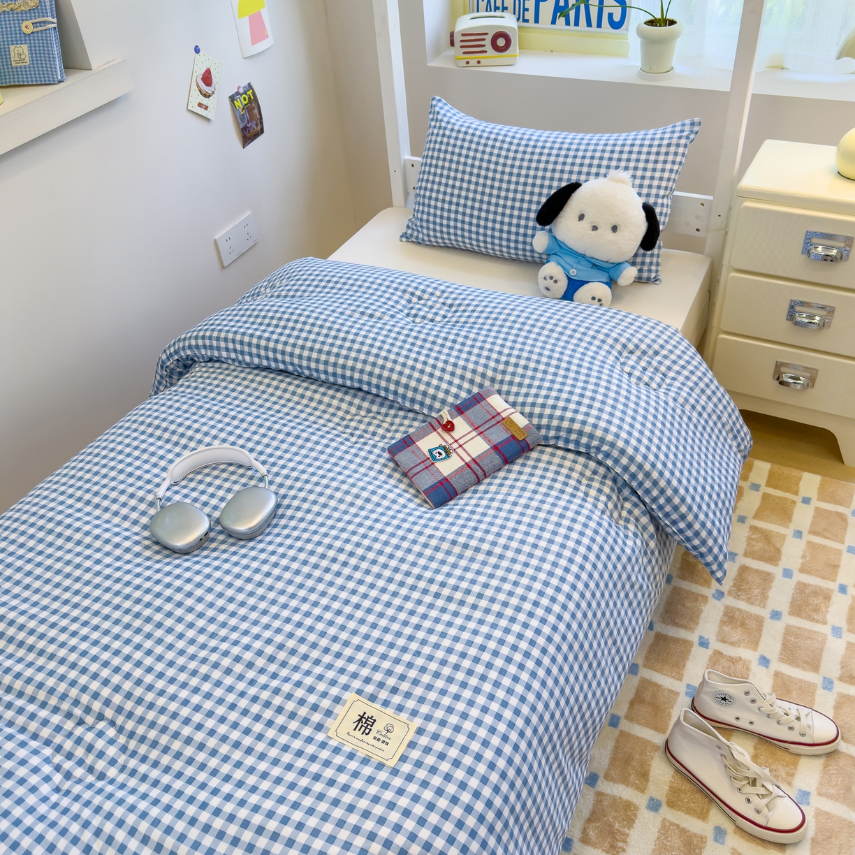 91家纺网 家纺一手货源 找家纺 默忆 2025新款新疆棉学生棉花被 被子被芯 蓝白小格